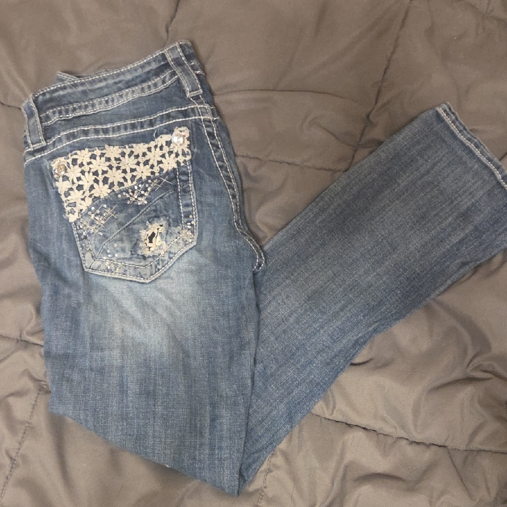 Miss Me Blue Skinny Jeans with Lace Pocket